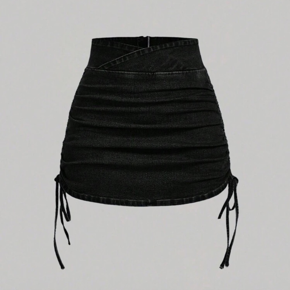 High Waisted Black Denim Ruched Skirt